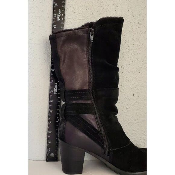 Baretraps Black Faux Fur Lined Suede/Leather Mid-Calf Block Heel Boot Sz 8 Moto - Picture 8 of 11